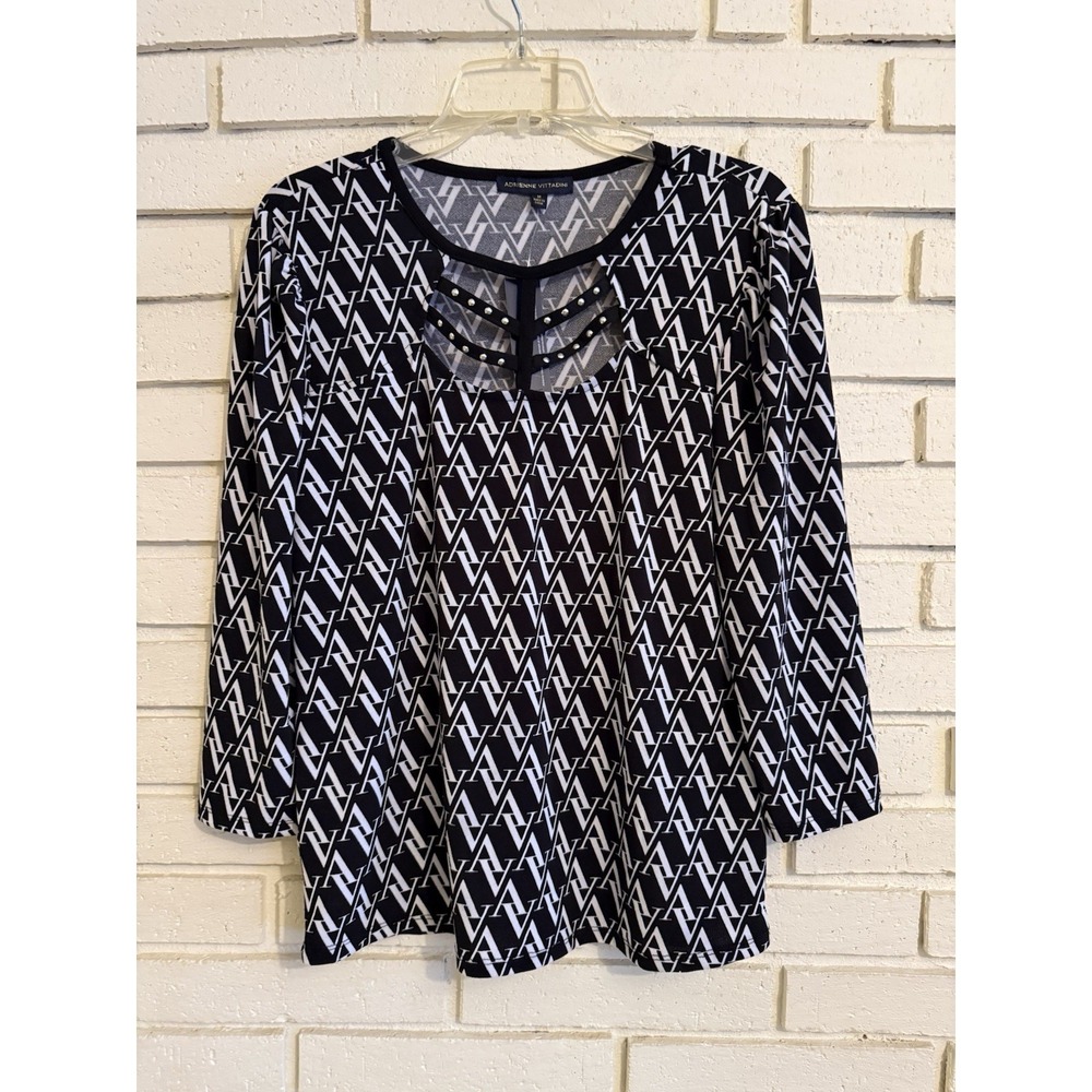 Adrienne Vittadini Black & Tan Keyhole Neck Top Size Medium‎ 3/4 Sleeve NWT New